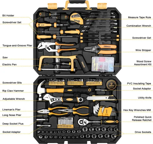 Miniatura 2 de DEKOPRO Kit de herramientas de reparación del hogar de 198 piezas, caja de herramientas de plástico con juego de herramientas manuales para el hogar