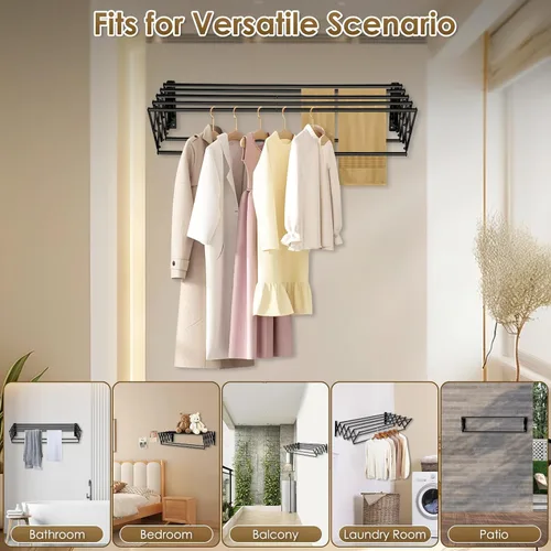 Miniatura 7 de XL-31.5'' Tendedero de Ropa Montado en la Pared, 130 lbs Gran Capacidad Antioxidante Retráctil Plegable Tendedero Fácil Instalación con 7 Varillas