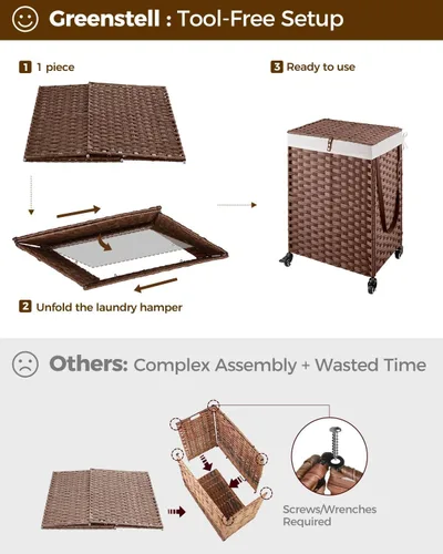 Miniatura 71 de GREENSTELL Cesta para ropa sucia con ruedas y tapa, 130 L, cesta grande de 3 secciones con 2 tipos de bolsas de forro extraíbles, 5 bolsas de malla