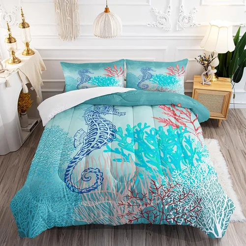 Miniatura 10 de Suncloris Juego de edredón coral océano para niños y adultos, edredón tamaño Queen con temática de hipocampo tropical rojo con 2 fundas de almohada