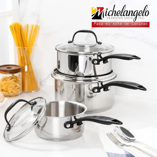 Miniatura 7 de MICHELANGELO Cacerola de acero inoxidable de tres capas con tapa, 6 unidades, sartenes de acero inoxidable con mango frío, juego de 6 ollas