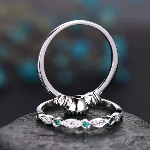 Miniatura 4 de Fashion - Juego de 2 anillos de plata de ley 925 con esmeralda natural, corte redondo, circonita cúbica, anillo de compromiso clásico de eternidad