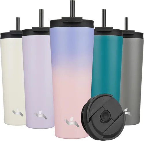 Miniatura 16 de Konokyo Vaso aislado de 18 onzas con tapa y 2 pajillas, botella de agua de acero inoxidable, taza de viaje al vacío, taza de café, color blanco ángel