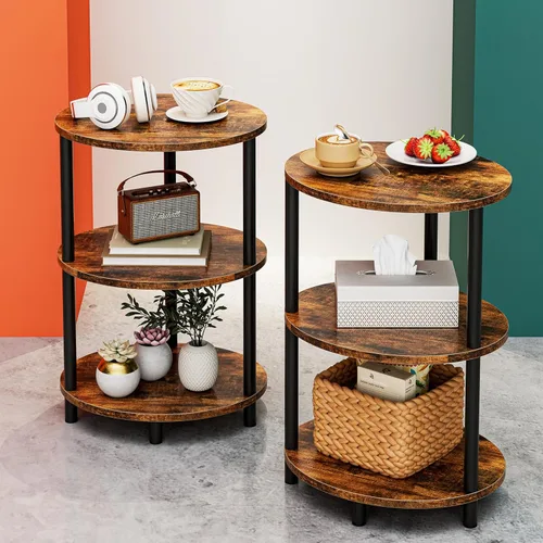 Miniatura 24 de Mesa auxiliar redonda pequeña – Mesa auxiliar ovalada de 3 niveles para espacios pequeños, mesa auxiliar de sofá de madera rústica y metal, mesita