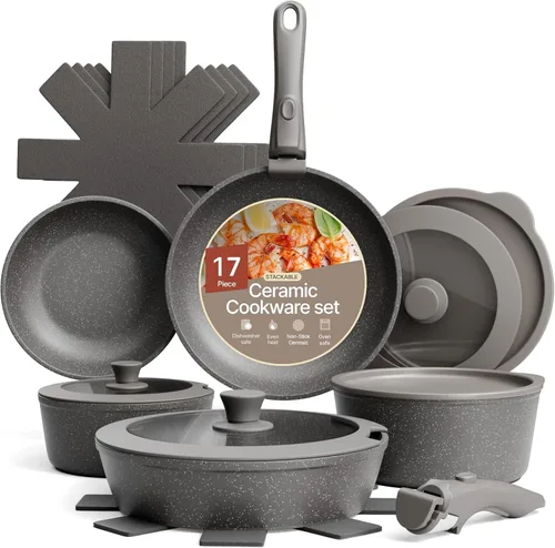 Miniatura 8 de Juego de ollas y sartenes antiadherentes de cerámica de granito – 15 piezas de utensilios de cocina con asas desmontables, apilables, ahorro
