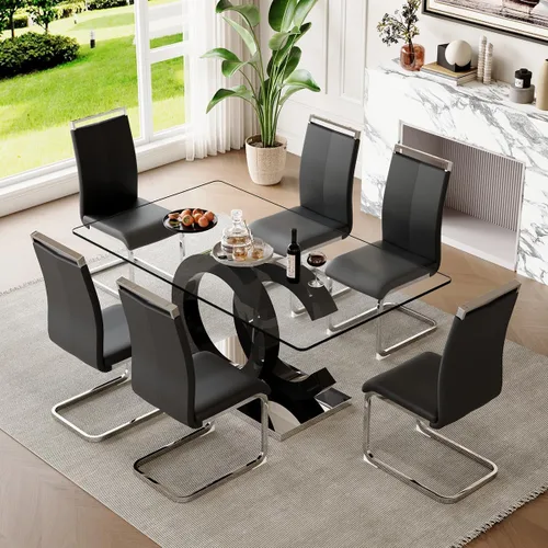 Miniatura 53 de gopop Mesa de comedor de cristal de 63 pulgadas, mesa de cocina moderna, mesa de comedor de vidrio transparente con patas de diseño único negro