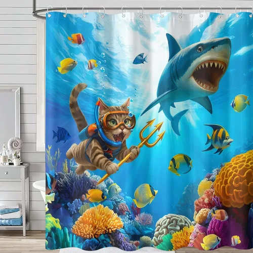 Miniatura 31 de Cortina de Ducha Divertida de Gato Lindo Divertido Árbol de Gato de Dibujos Animados Cortinas de Ducha para Baño Boho Anime Gatitos Niños Granja