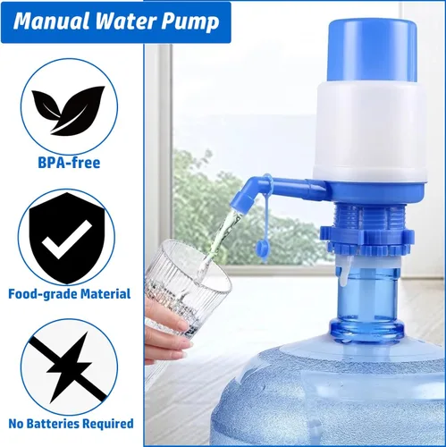 Miniatura 4 de Bomba de agua manual portátil azul para botella de 5 galones, dispensador de jarra de agua, bomba de agua potable con un tubo extra corto y tapa
