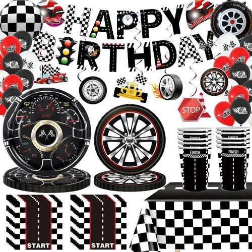 Juego de vajilla para decoración de fiesta de cumpleaños de coche de carreras, incluye pancartas de cumpleaños de autos de carreras, globos de