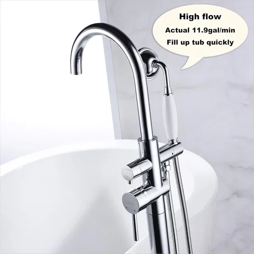 Miniatura 4 de Grifo de bañera montado en el piso, grifos de llenado de bañera independientes cromado alto caudal 11.9GPM con montaje de ducha manual RIGOBAL
