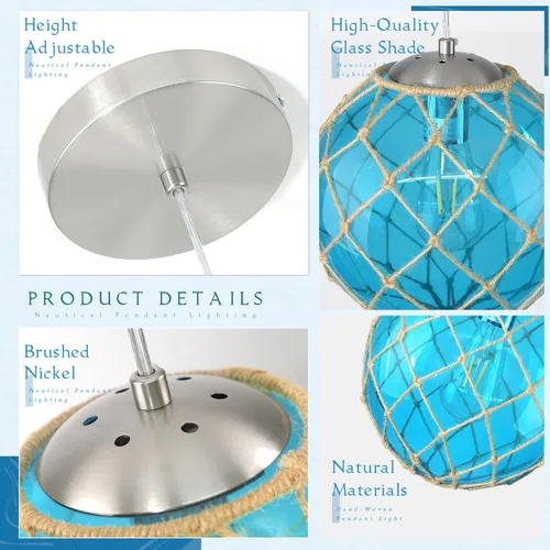 Miniatura 6 de Lámpara colgante costera azul de 10 pulgadas para isla de cocina, lámpara de techo con globo de vidrio oceánico para casa de playa, lámpara colgante