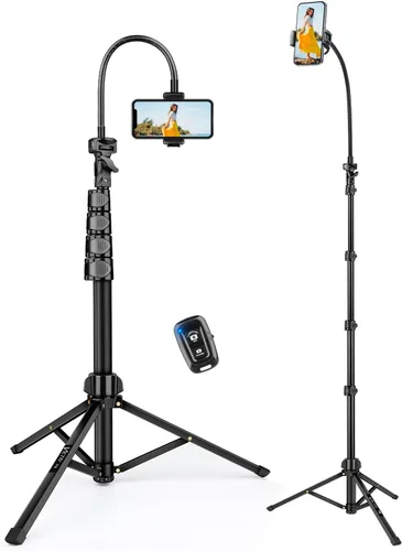 Trípode para teléfono, trípode de 85 pulgadas de alto para iPhone con control remoto, cuello de cisne y soporte para teléfono, soporte para teléfono