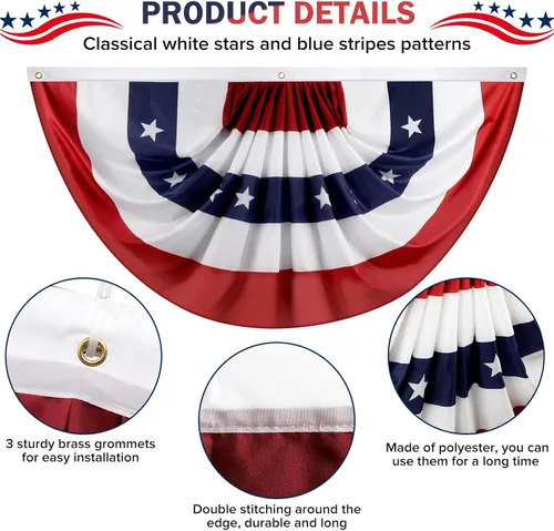 Miniatura 5 de Bandera plisada de Estados Unidos, bandera estadounidense de 2 x 4 pies, bandera patriótica de medio abanico para decoración de interiores