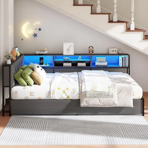 Miniatura 2 de Marco de cama de esquina tamaño twin con estante de almacenamiento y cabecero, cama de plataforma de esquina con luces LED y estación de carga, cama