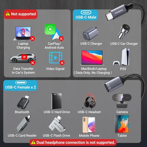 Miniatura 4 de KiwiBird Divisor USB C de carga de 1 en 2 salidas, cable de extensión y divisor de datos de alimentación USBC, tipo C macho a puerto USB C hembra