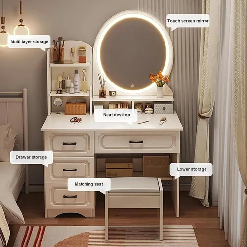 Miniatura 7 de Escritorio de maquillaje con espejo y luces, moderno escritorio de maquillaje para dormitorio, con mucho almacenamiento, 3 modos de iluminación