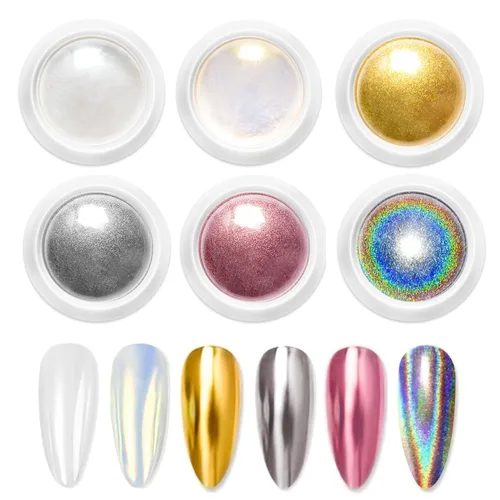 Polvo de uñas 100% cromado BISHENGYF: Polvo cromado de efecto metálico súper NO.1 para uñas Oro Plata Blanco Laser Holográfico Blanco Perla Cromo A-