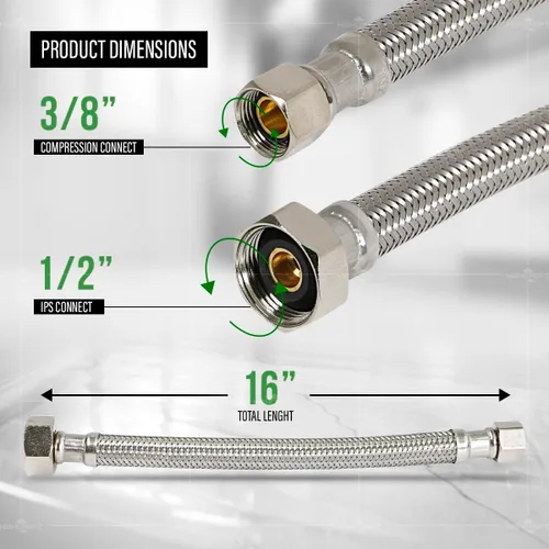 Miniatura 3 de Conector de manguera de grifo Highcraft de 12 pulgadas de longitud, línea de suministro flexible trenzada de acero inoxidable de 1/2" IPS X 3/8
