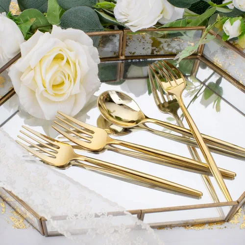 Miniatura 5 de SUT Juego de 200 piezas de tenedores y cucharas de plástico dorado resistente, cubiertos desechables dorados, cubiertos de oro, utensilios