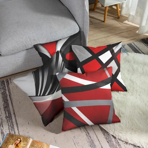 Miniatura 3 de Emvency - Juego de 4 fundas de almohada decorativas modernas con rayas abstractas en rojo, gris, negro y blanco, acrílico, gris audaz, fundas
