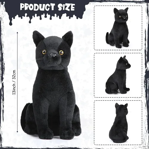 Miniatura 2 de HyDren Peluche de gato negro de Halloween de 13 pulgadas, animal de peluche realista de gato suave y lindo, almohada de juguete, regalos para niños