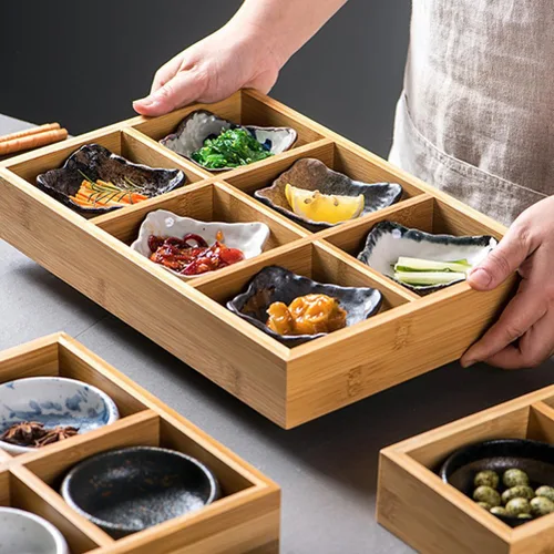 Miniatura 3 de Cabilock Plato de bambú para ollas calientes con 6 compartimentos, bandeja dividida para verduras, frutas, servir cocina, comedor, 12.00 x 8.26 x