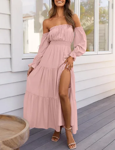 Miniatura 50 de ZESICA - Vestido largo, bohemio y sexy, con hombros descubiertos y manga larga fruncida, con elástico fruncido, cintura alta y abertura lateral