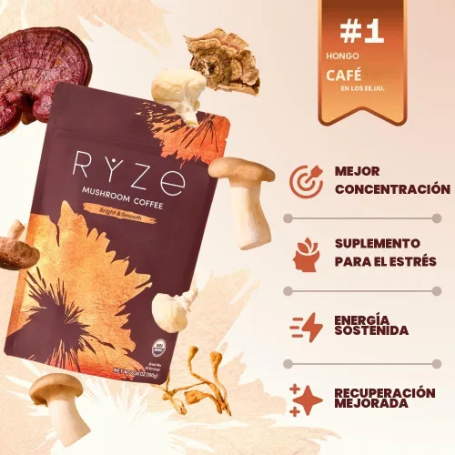 Miniatura 4 de RYZE SUPERFOODS Café de tostado medio de hongos orgánico USDA con 6 hongos adaptogénicos, café instantáneo cultivado en Estados Unidos para una