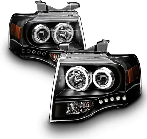 Miniatura 2 de AmeriLite - Faros delanteros de proyector de halo LED Xtreme negros para Ford Expedition 2007-2014, lado del pasajero y del conductor