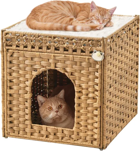 Miniatura 14 de SETVSON Camas para gatos para interiores, casa de gatitos, cubo de ratán tejido a mano, cueva para gatos, casas grandes para gatos, una alfombrilla