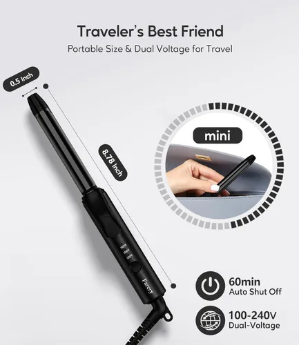 Miniatura 2 de FARERY Mini rizador de pelo de cerámica de 1/2 pulgada con 3 temperaturas ajustables, 100-240 V de doble voltaje, rizador de viaje para cabello