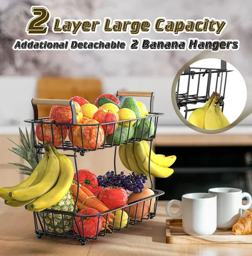 Miniatura 2 de Soporte para colgar plátanos de 2 niveles con 2 perchas, cesta grande de almacenamiento de frutas y verduras