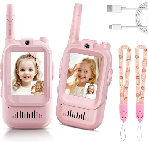 Walkie Talkies de video para niños, paquete de 2 intercomunicadores de video recargables para niños, juguetes para interiores y exteriores para