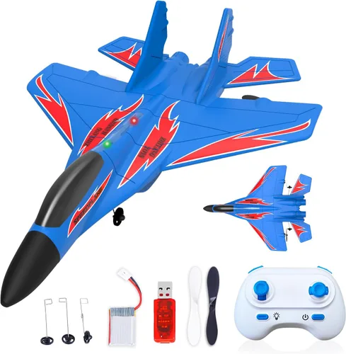 Miniatura 10 de Aviones de control remoto de espuma QFCST RC, juguetes de combate con control remoto, avión de combate RC de 2 canales 2.4Ghz con luz, aviones