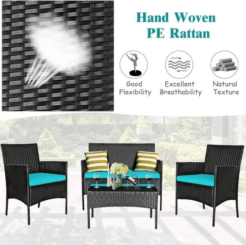 Miniatura 3 de Juego de muebles de patio de 4 piezas, juego de conversación al aire libre con respaldo ergonómico curvo, juego de sillas de patio con cojín Turquesa