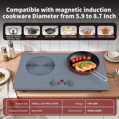 Miniatura 4 de GIHETKUT 2 burner Induction cooktop,110V 4000W induction hot plate with Brushed Panel,Knob Control,9 Power Levels, Kids Lock & Timer,LED touch