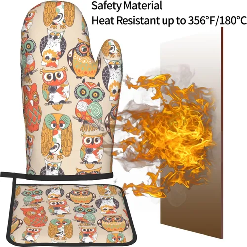 Miniatura 4 de Juego de manoplas de horno y soporte para ollas con diseño de búho animal para cocina, hornear, cocinar a la parrilla