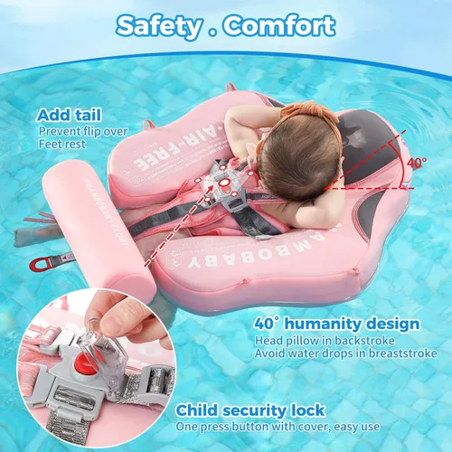 Miniatura 5 de Mambobaby - Flotador de piscina para bebé no inflable con cola y toldo, protección solar UPF 50+, sin volteo, flotador de natación para bebé, Rosa