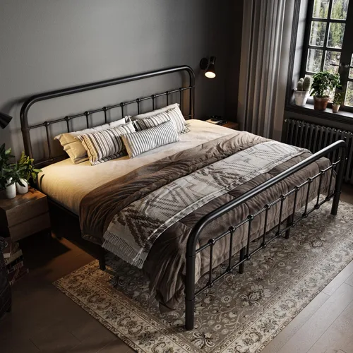 Miniatura 3 de Allewie Marco de Cama de Plataforma de Metal Tamaño King con Cabecero/Pie de Cama de Arte de Hierro Forjado Estilo Victoriano, No Requiere Somier