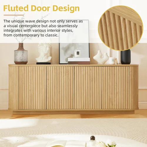 Miniatura 4 de Aparador de buffet de 64 pulgadas con almacenamiento, moderna credenza acanalada con estantes ajustables, mesa consola de barra de café de madera