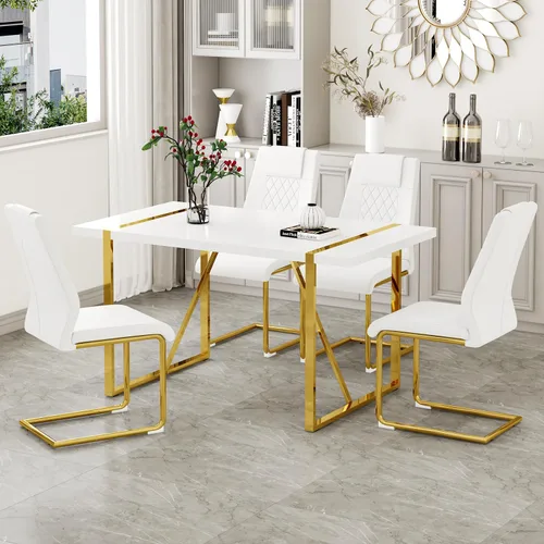 Juego de mesa de comedor moderna de 55 pulgadas para 4, mesa de comedor blanca y marco de metal dorado, mesa de comedor rectangular con 4 sillas de
