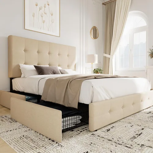 Miniatura 17 de Allewie - Base de cama tapizada de tamaño Full con plataforma, con 4 cajones de almacenamiento y cabecero, diseño cosido en cuadrados con botones