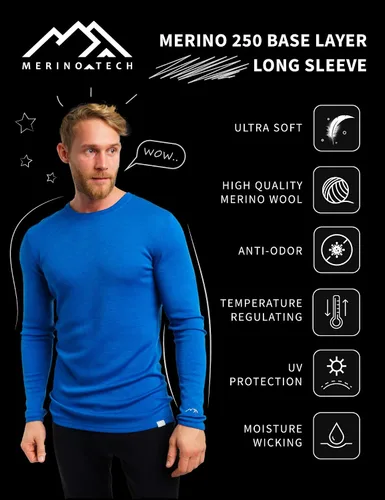 Miniatura 5 de Merino.tech - Camiseta de capa base de lana merino, camisetas térmicas de manga larga de 100% lana merino, de peso ligero, medio y pesado