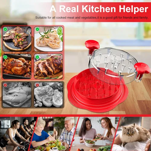 Miniatura 6 de SURETIVIAN Desmenuzadora de Pollo Desmenuzadora de Pechuga de Pollo Grande Herramienta Giratoria con Cepillo y Tenedor, Máquina Desmenuzadora de Rojo