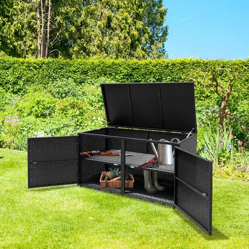Giantex Caja de mimbre para exteriores e interiores, banco de almacenamiento de mimbre de 88 galones con estante de almacenamiento separado, puerta