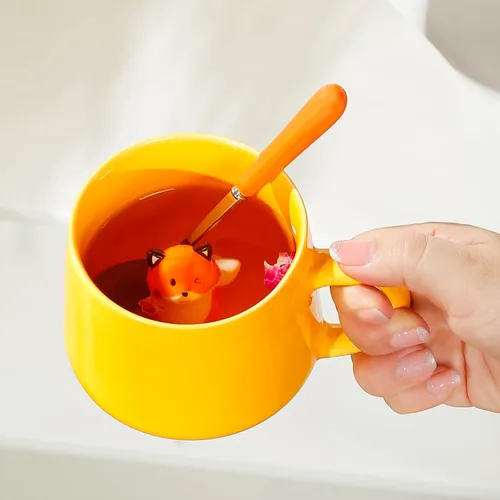 Miniatura 5 de BigNoseDeer Taza de café de cerámica Kawaii Fox con diseño de zorro 3D en el interior, con tapa y cuchara, regalos de cumpleaños, regalos lindos