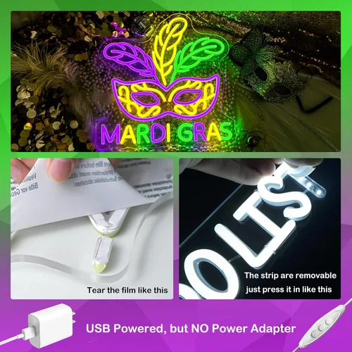 Miniatura 8 de Letrero de neón de Mardi Gras, decoración de luz de neón Mardi Gras, auténtico, morado, verde, dorado, carnaval, luces LED, decoración de pared