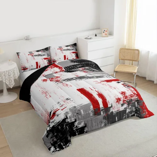 Miniatura 3 de Feelyou Edredón Abstracto Juego de Edredón de Arte Abstracto Moderno para Niños y Niñas Juego de Ropa de Cama con Patrón Rojo Gris Negro Decoración