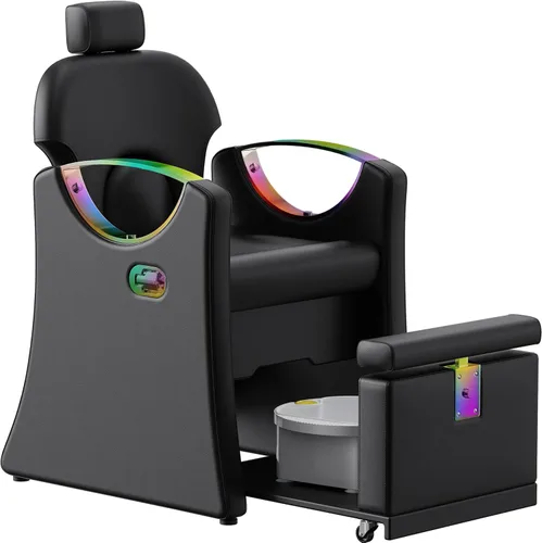 LOUVIXA Pedicure Station for Nail Tech, Reclining Pedicure Chair with Massage Foot Bath, No Plumbing Pedicure Station Unit (Black-Holographic)