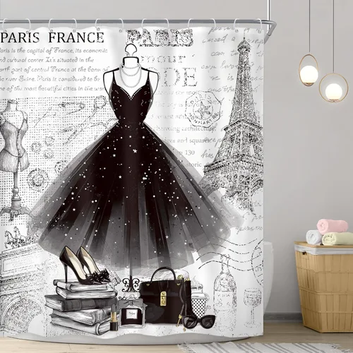 Miniatura 2 de Riyidecor Cortina de ducha negra de moda de 60 pulgadas de ancho x 72 pulgadas de alto, vestido femenino blanco y negro, torre Eiffel, perfume